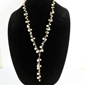 Lucky Brand White Gold Tone Beaded Cha Cha Y Necklace Long Dangle Boho 27" 29"